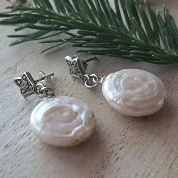 925 sterling silver and baroque coin pearl earrings - Picture 1 of 4